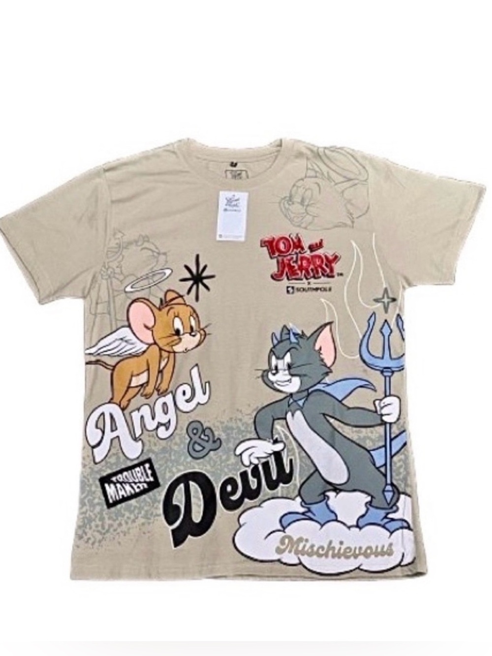 TOM & JERRY x SOUTHPOLE *NWT* Angel Devil Beige Tan Gray Graphic Tee | Men's M